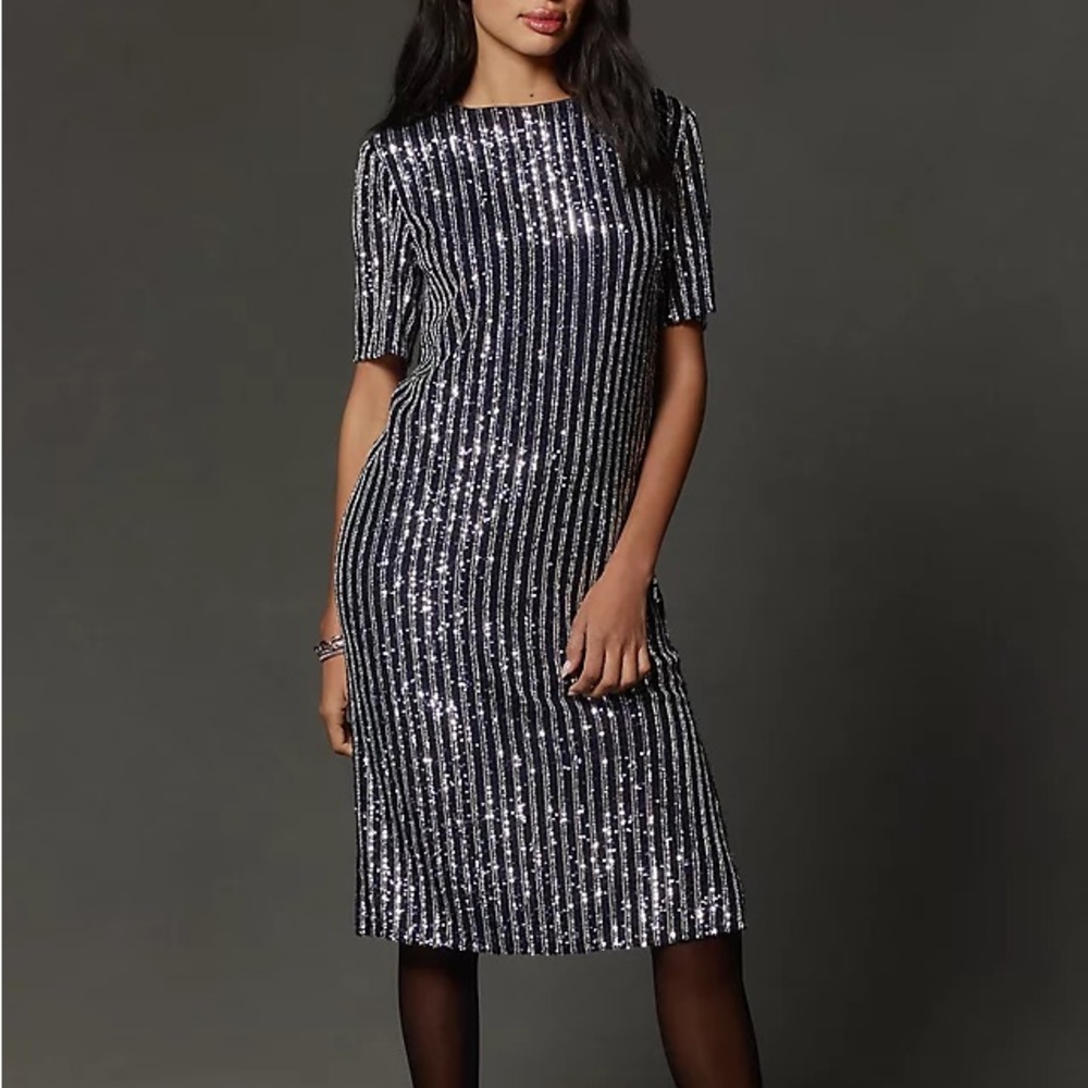 Flat White Anthropologie Short-Sleeve Sequin Stripe Dress-Size XS-NWT